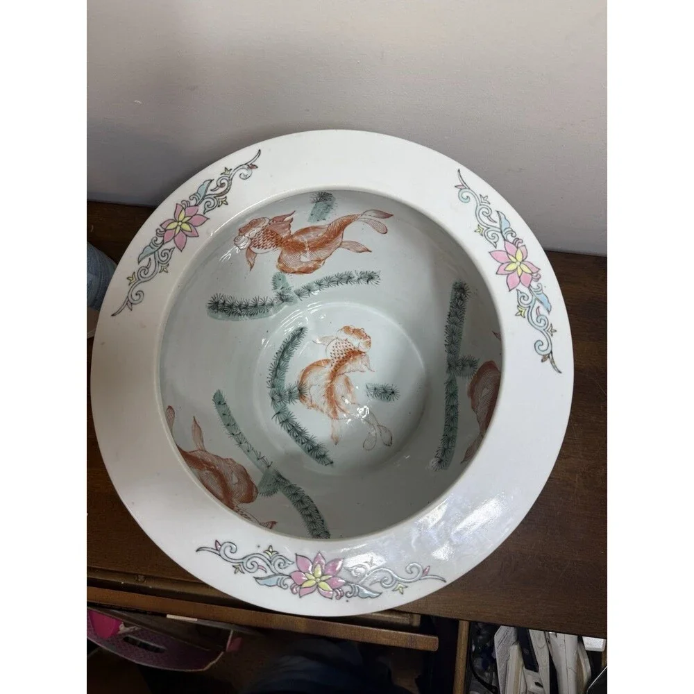 Vintage Porcelain Asian Fish Bowl Planter Pot Koi Chinoiserie 12x10 Blue Floral